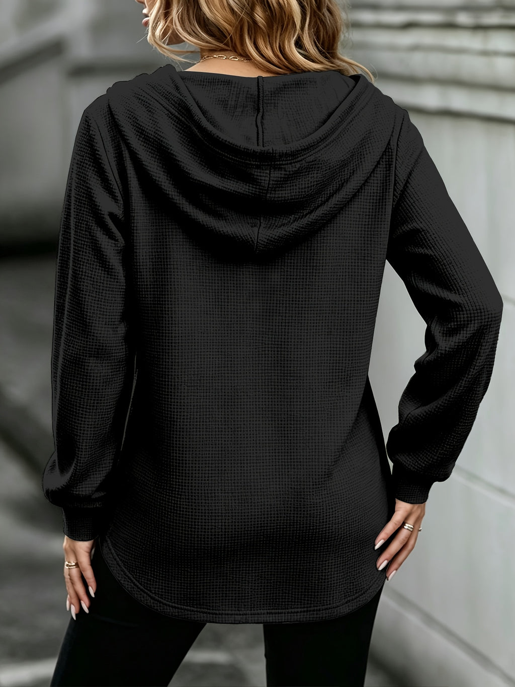 Waffle- Women's Sweatshirt with a Button- Placket at the Hooded Neckline, Creating a and Stylish Look. A Casual yet Elegant Hooded Sweatshirt—fashionable and Versatile - Black