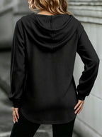 Waffle- Women's Sweatshirt with a Button- Placket at the Hooded Neckline, Creating a and Stylish Look. A Casual yet Elegant Hooded Sweatshirt—fashionable and Versatile - Black