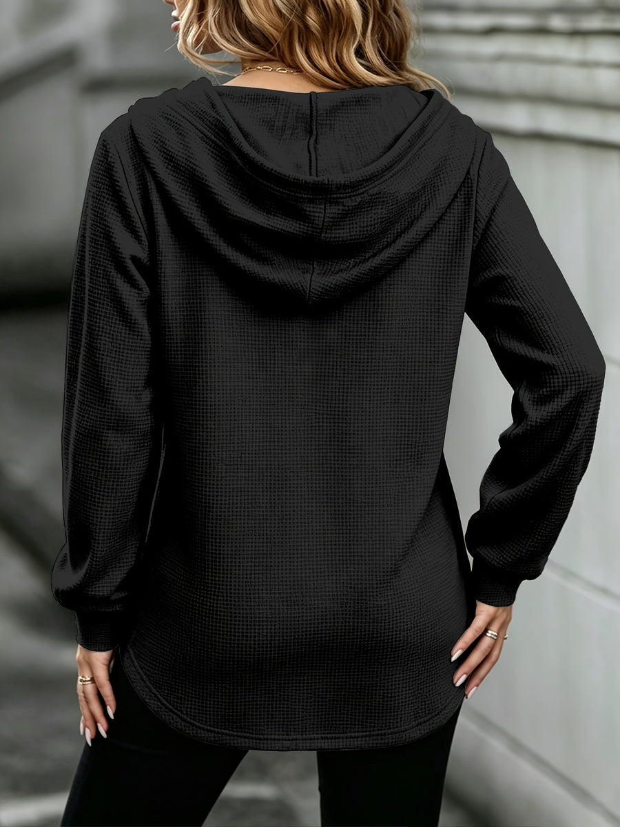 Waffle- Women's Sweatshirt with a Button- Placket at the Hooded Neckline, Creating a and Stylish Look. A Casual yet Elegant Hooded Sweatshirt—fashionable and Versatile - Black
