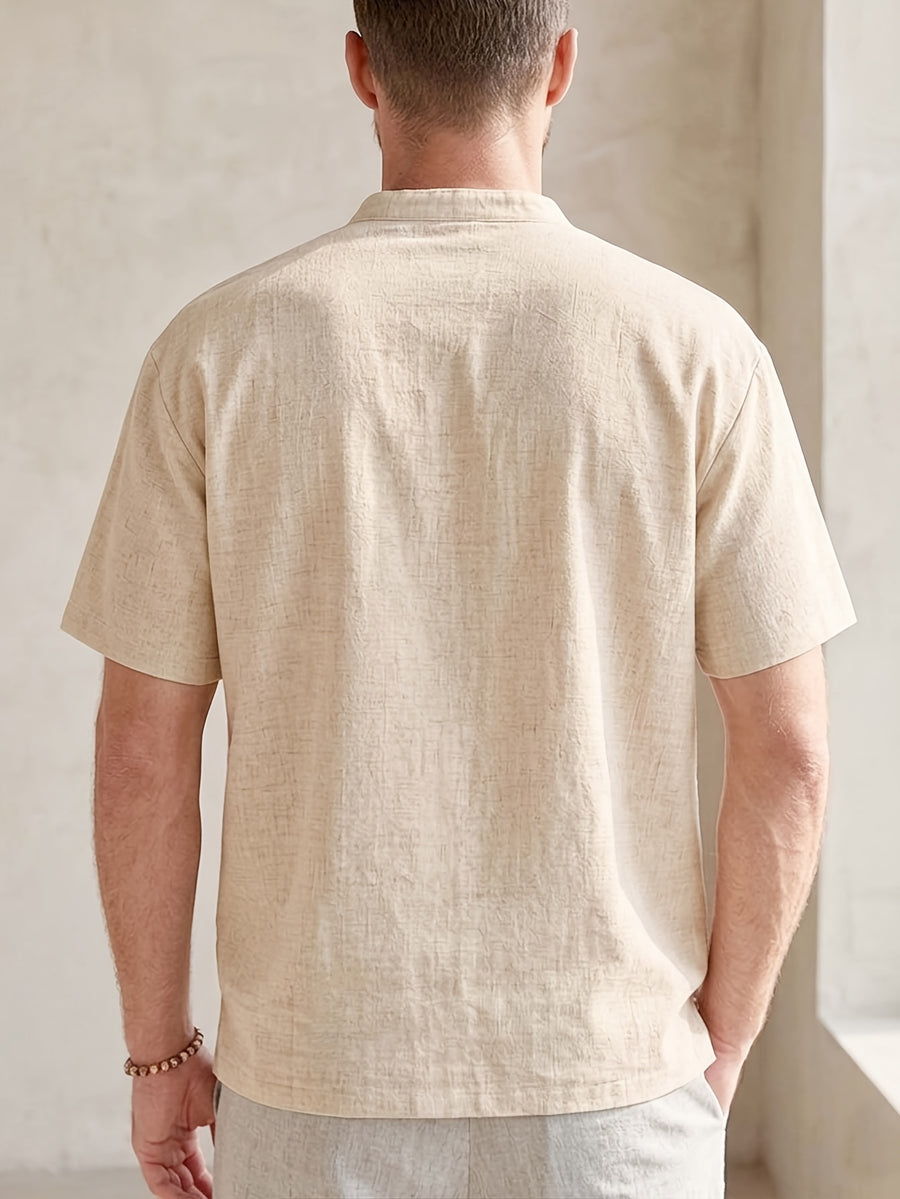 Men'S Textured Henley Shirt, Casual Short Sleeve V-Neck T-Shirt, Summer Beach Vacation Style, Non-Iron Breathable Top - Wheat-colored
