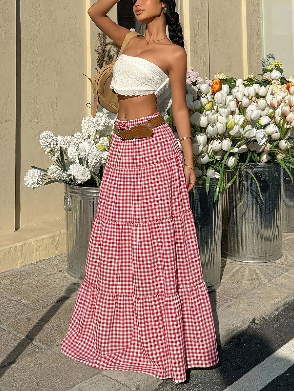 Women's Spring/Summer Vacation Casual Youthful Red and White Plaid Long Dress, Spring/Summer Women's Clothing, Women's Beachwear, Women's Vacation Wear, Fashionable Plaid Women's Dress, Flowy Plaid Long Dress - Casual Vacation Wrap Dress - Red And White Plaid