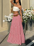 Women's Spring/Summer Vacation Casual Youthful Red and White Plaid Long Dress, Spring/Summer Women's Clothing, Women's Beachwear, Women's Vacation Wear, Fashionable Plaid Women's Dress, Flowy Plaid Long Dress - Casual Vacation Wrap Dress - Red And White Plaid