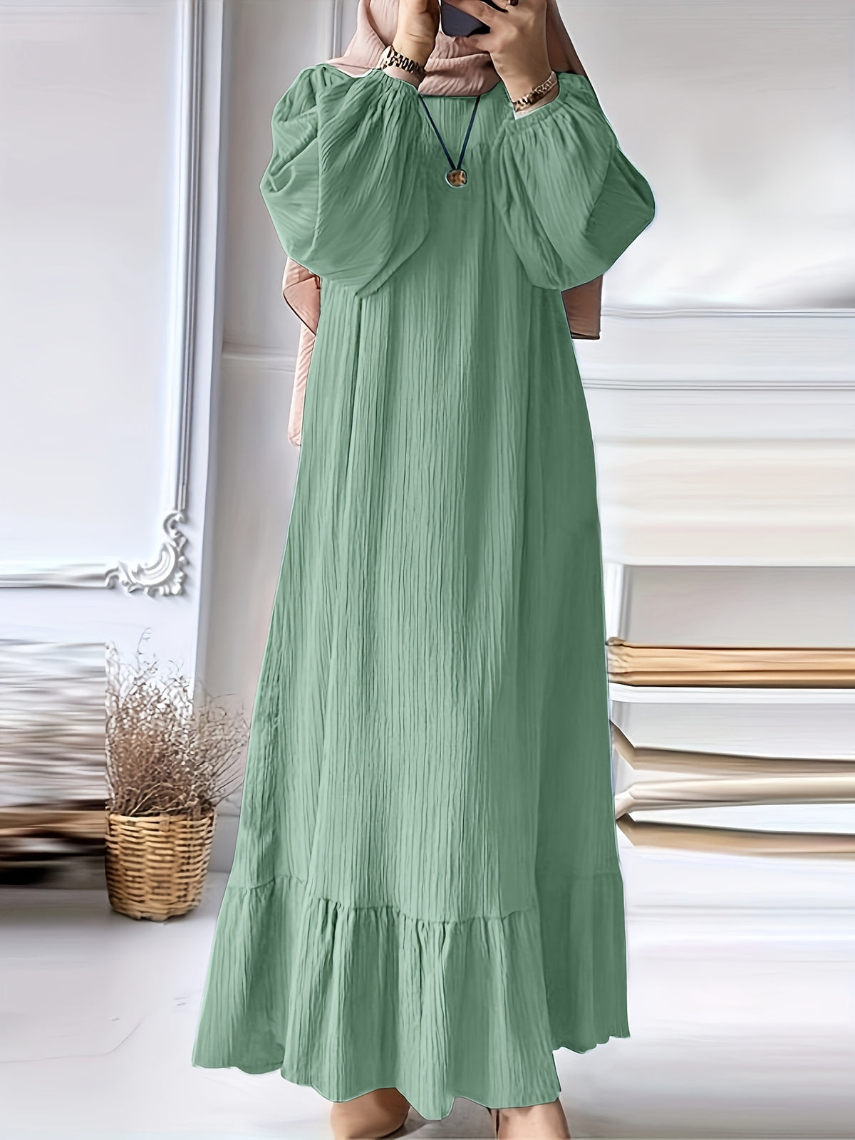 1pc Solid Color Lantern Sleeve Round Neck Ruffled Hem Loose Patchwork Dress - Green