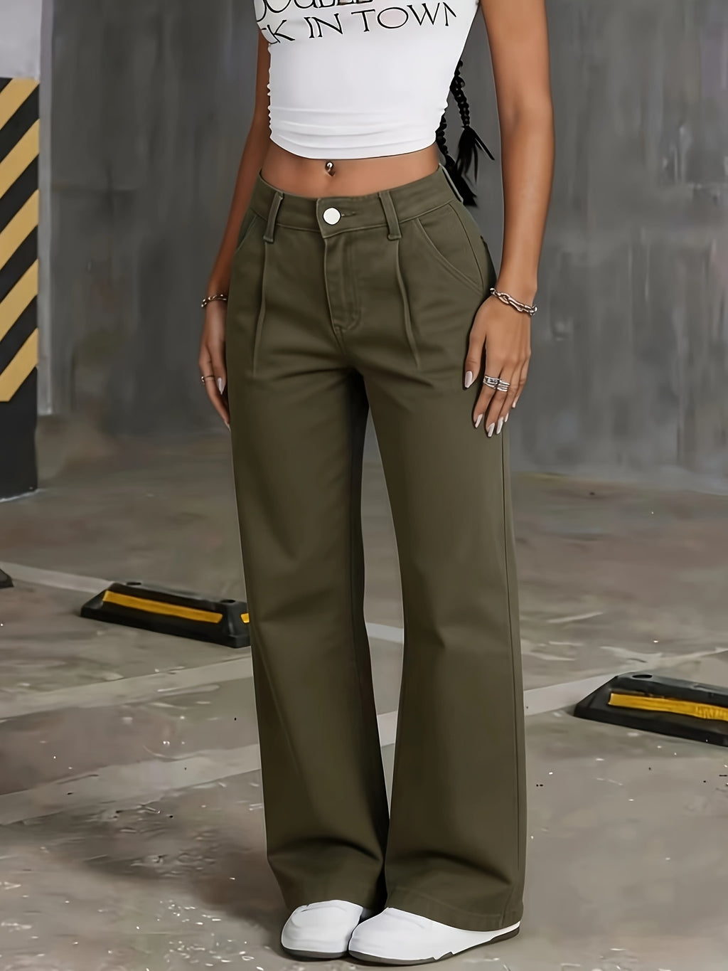 Military Green Washed Denim 2026 New Style Mid-rise Loose  Casual Straight-leg Long Pants with Freely Rollable Cuffs - Olive Green