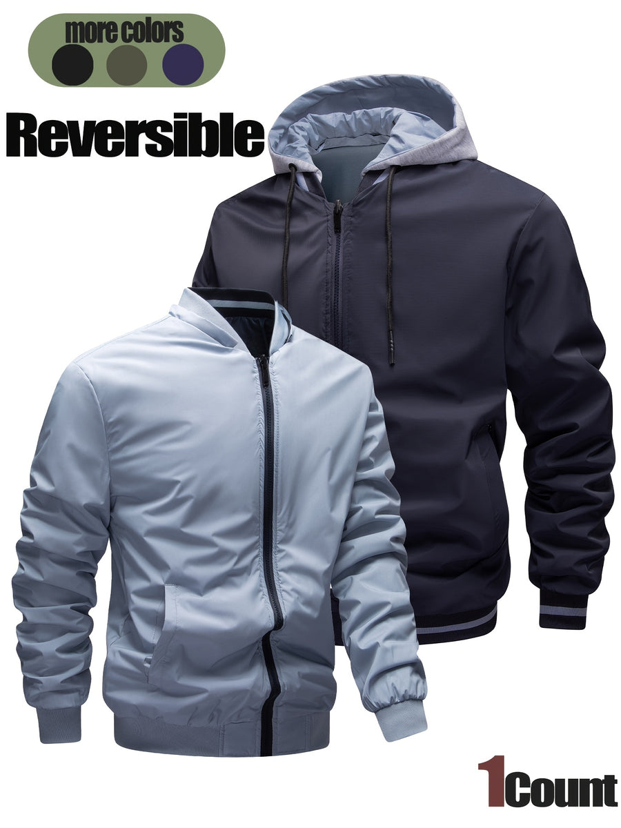 New Men's Warm Thick Reversible Hooded Outdoor Jacket with Zipper Pockets Detachable Hood And Ribbed Cuffs Versatile Casual Coat for Daily Commute Wild Adventure Skiing Hiking Trekking Daily Outdoor Daily Matching Outfits - Navy Color