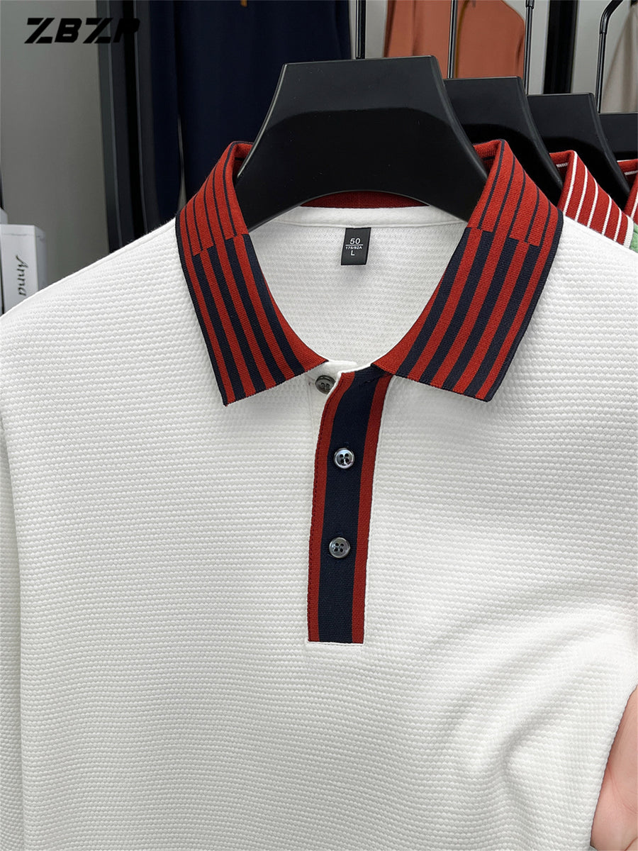 ZBZP New Spring, Autumn, Winter Men's Long Sleeve Polo Shirt, Lapel Pullover, Simple Business Casual High-End Breathable Long Sleeve T-Shirt, Men's Apparel DR - White