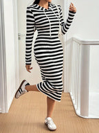 Elegant and Fashionable Striped Slim-fit Hooded Dress for Women - Black