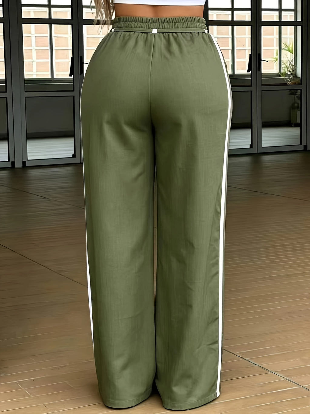 Women's Elastic High-Waist Drawstring Side Seam Drawstring Accent Casual Pants - Olive Green