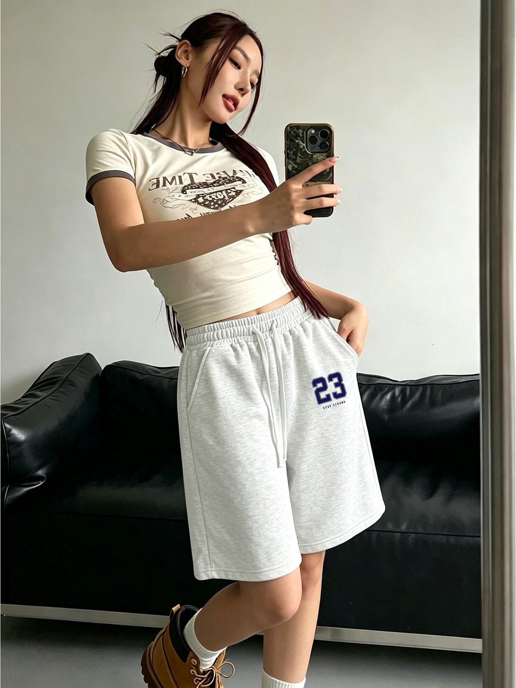 Digital Print Loose-Fit Shorts with High Waist, Elastic Drawstring, Side Pockets for Daily Wear, Loungewear, and Street Style - Grey