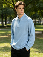 Textured Half-Zip Polo Sweatshirt, Men'S Spring/Autumn Casual Versatile Stand-Up Collar Pullover Long Sleeve Top - Sky Blue