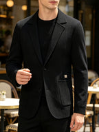 1 Men's Knitted Suit Lapel Jacket, Suitable for Light Business Wear and Daily Work, Ideal as a Gift - Black