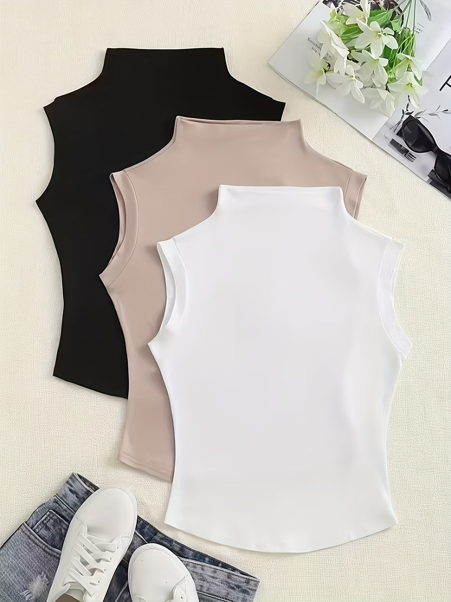 Women's Fashion Chic Casual High Neck Slim Fit Solid Color Sleeveless Tops 3pcs - White+Earth Gray + Black