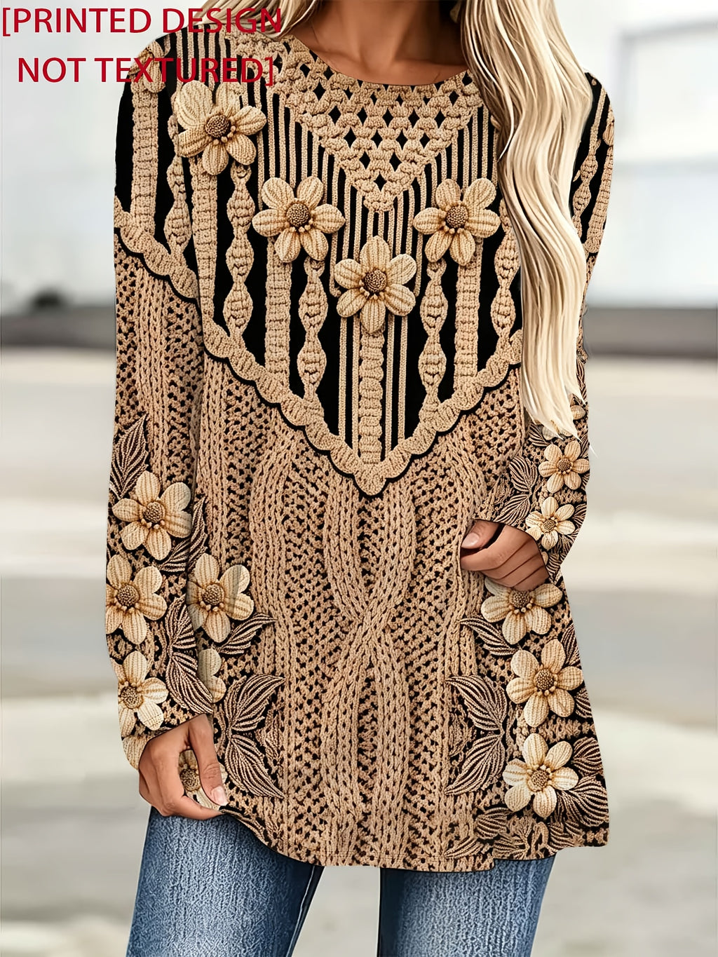 [Printed Design - Non-Real Texture] Women'S Plus Size Loose Round Neck Long Sleeve T-Shirt, Imitation Exquisite Floral And Cable Patterns, Vintage Beige-Caramel Color, Full of Detail And Ambiance. Loose Mid-Length Fit, Shaping And - Mixed colors