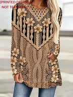 [Printed Design - Non-Real Texture] Women'S Plus Size Loose Round Neck Long Sleeve T-Shirt, Imitation Exquisite Floral And Cable Patterns, Vintage Beige-Caramel Color, Full of Detail And Ambiance. Loose Mid-Length Fit, Shaping And - Mixed colors
