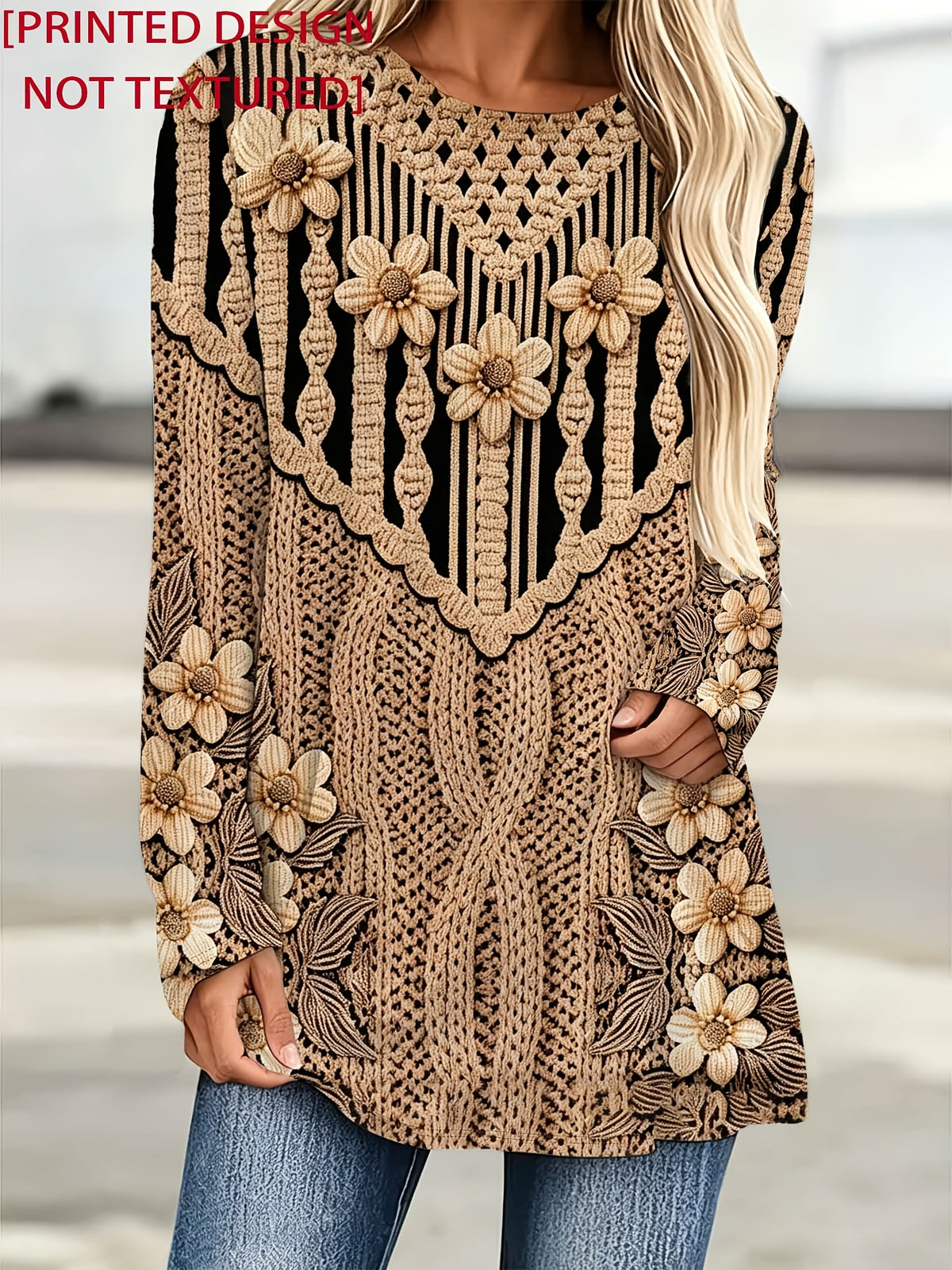 [Printed Design - Non-Real Texture] Women'S Plus Size Loose Round Neck Long Sleeve T-Shirt, Imitation Exquisite Floral And Cable Patterns, Vintage Beige-Caramel Color, Full of Detail And Ambiance. Loose Mid-Length Fit, Shaping And - Mixed colors