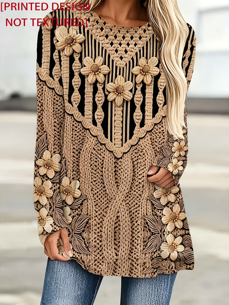 [Printed Design - Non-Real Texture] Women'S Plus Size Loose Round Neck Long Sleeve T-Shirt, Imitation Exquisite Floral And Cable Patterns, Vintage Beige-Caramel Color, Full of Detail And Ambiance. Loose Mid-Length Fit, Shaping And - Mixed colors
