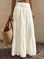 Women'S Solid Texture Fabric High-Waist Long Skirt, Suitable for Beach/Vacation, Spring Summer Bohemian Style Long Dress - White