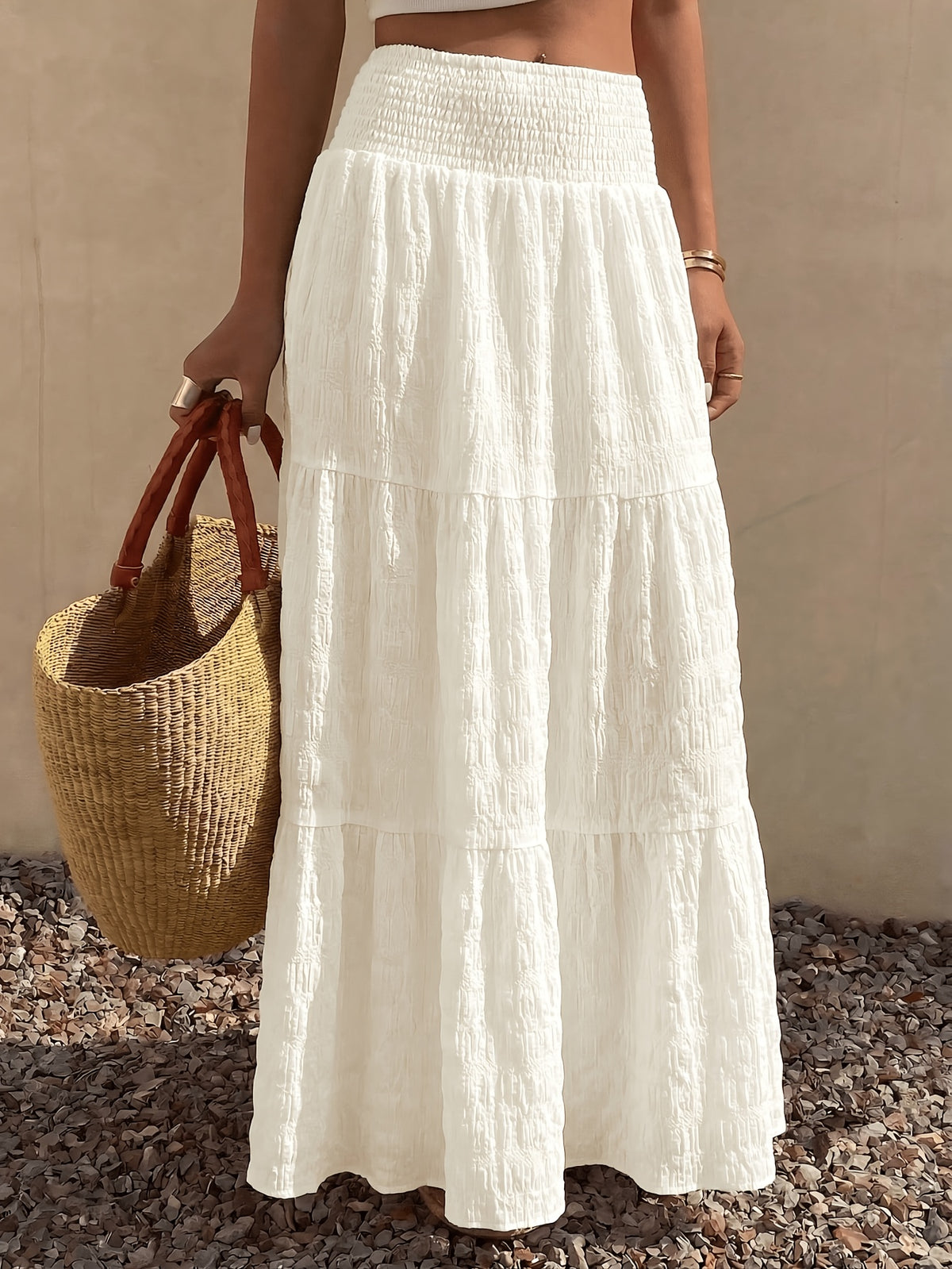 Women'S Solid Texture Fabric High-Waist Long Skirt, Suitable for Beach/Vacation, Spring Summer Bohemian Style Long Dress - White