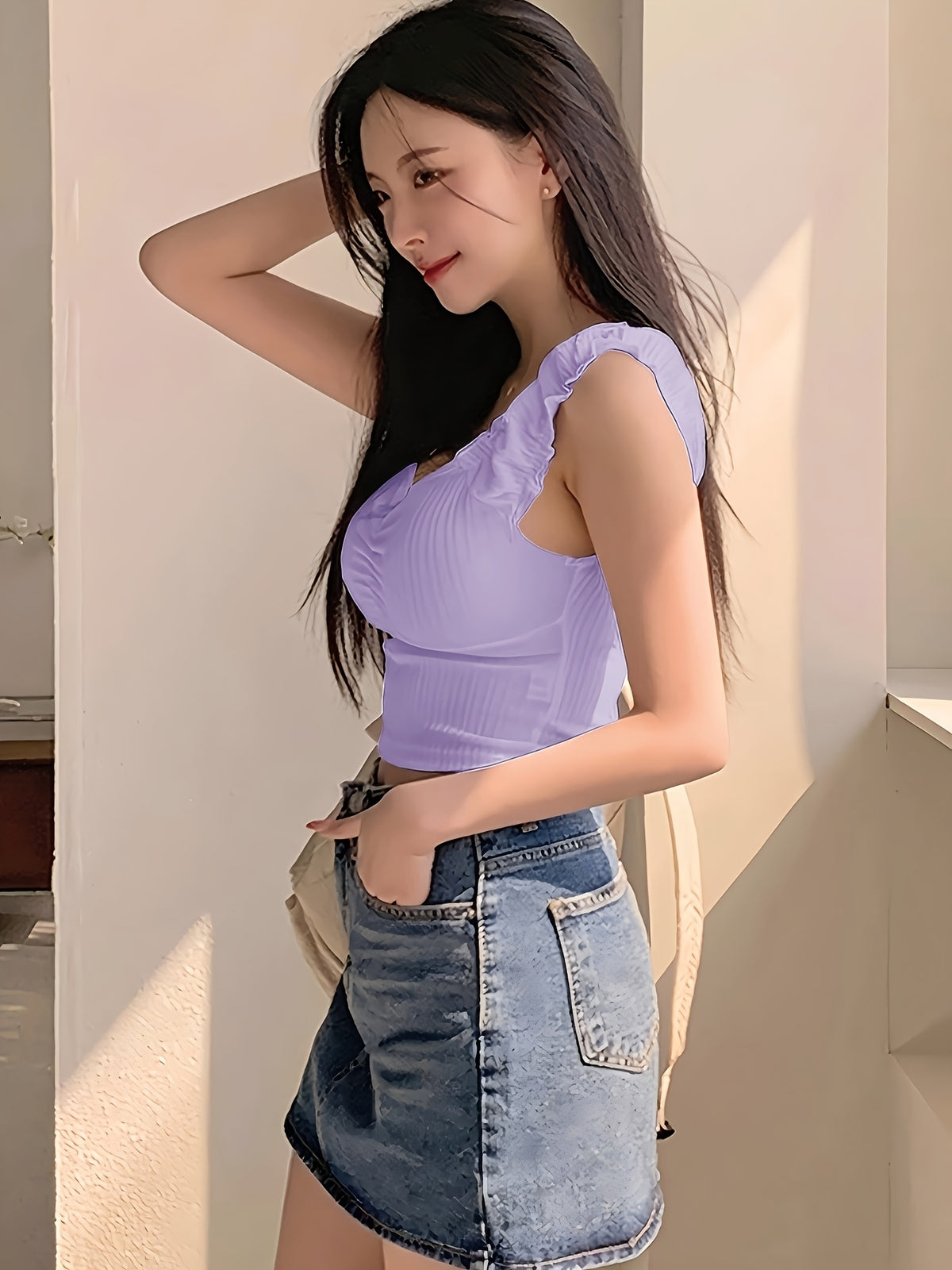 Women's Sexy Fresh Elastic Ruffle Strap Design Chest Elastic Fashion Ruched Tank Top - Dark Violet