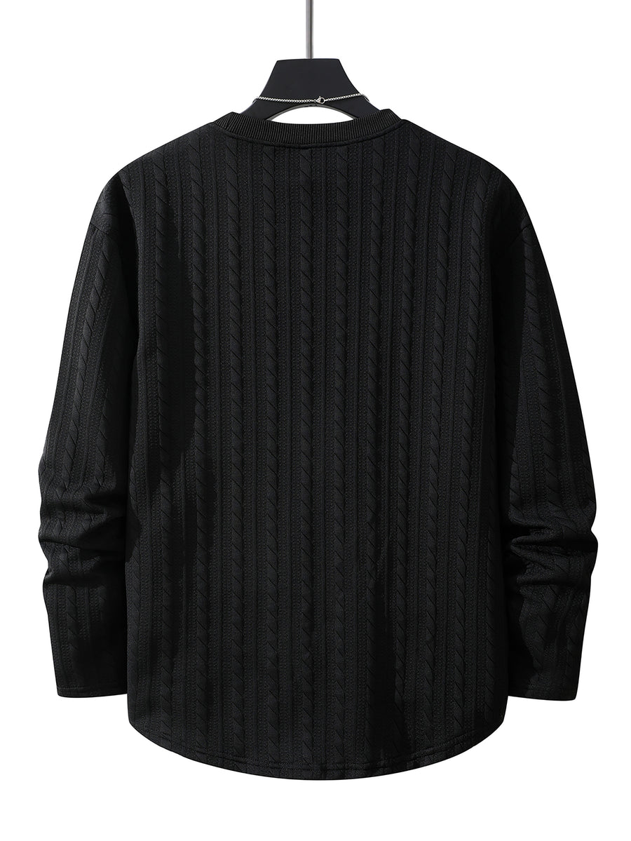 Men's Round Neck Fashionable Vintage Artistic Style Jacquard Knit Textured Fabric Autumn/Winter Long Sleeve Casual Outerwear Regular Fit Versatile Top for Dates, Gatherings, and Outings - Black