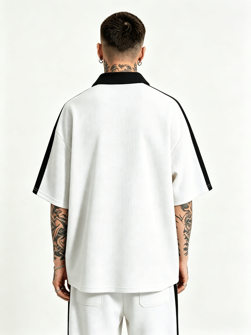 Trendy Casual Half-Zipper Contrast Polo Shirt Men'S Hip-Hop Style Waffle Short Sleeve Top Modern Urban Street Style Hip-Hop Casual Half-Zipper Short Sleeve Top American Street Style Contrast Short Sleeve - White