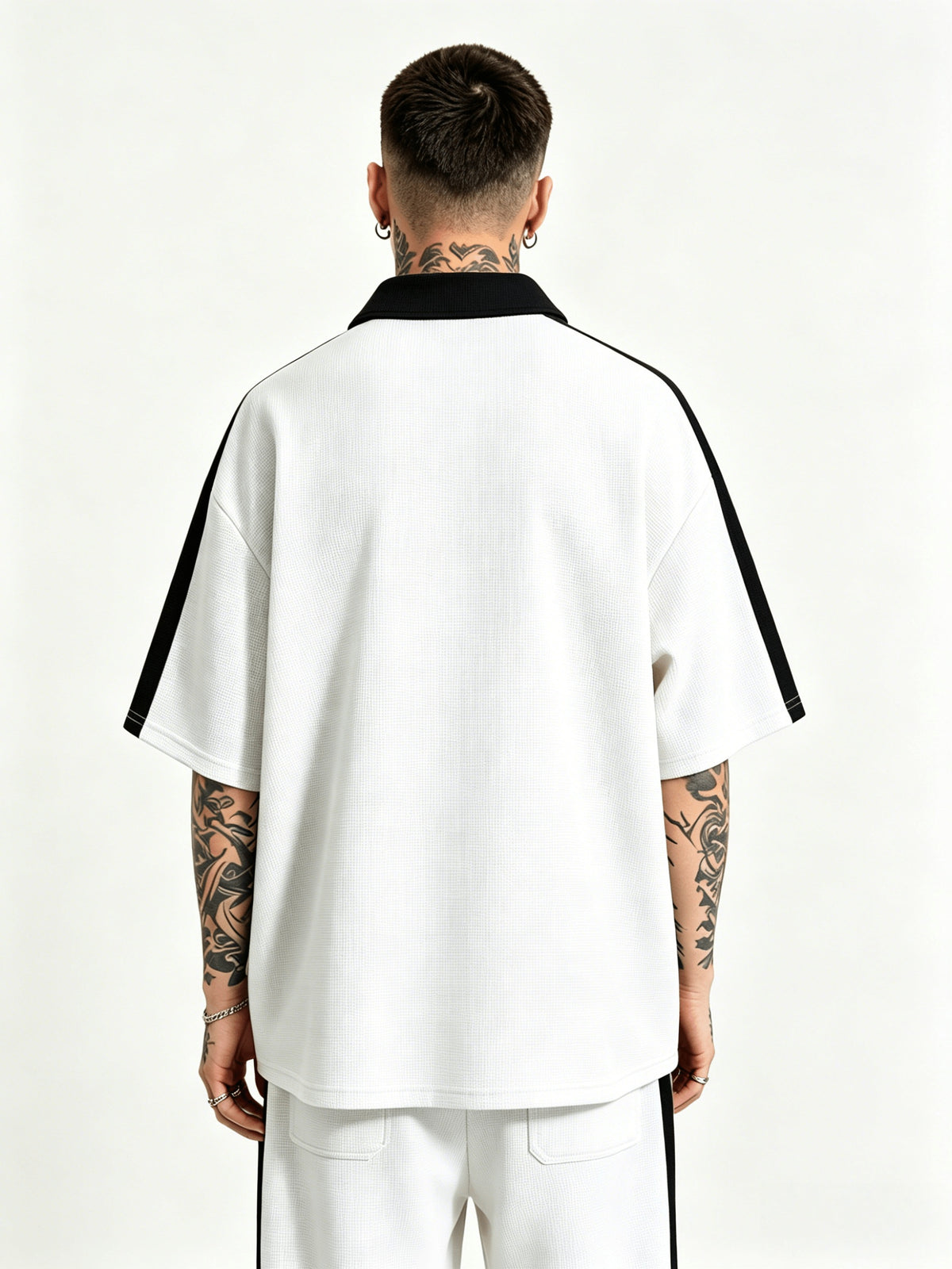 Trendy Casual Half-Zipper Contrast Polo Shirt Men'S Hip-Hop Style Waffle Short Sleeve Top Modern Urban Street Style Hip-Hop Casual Half-Zipper Short Sleeve Top American Street Style Contrast Short Sleeve - White