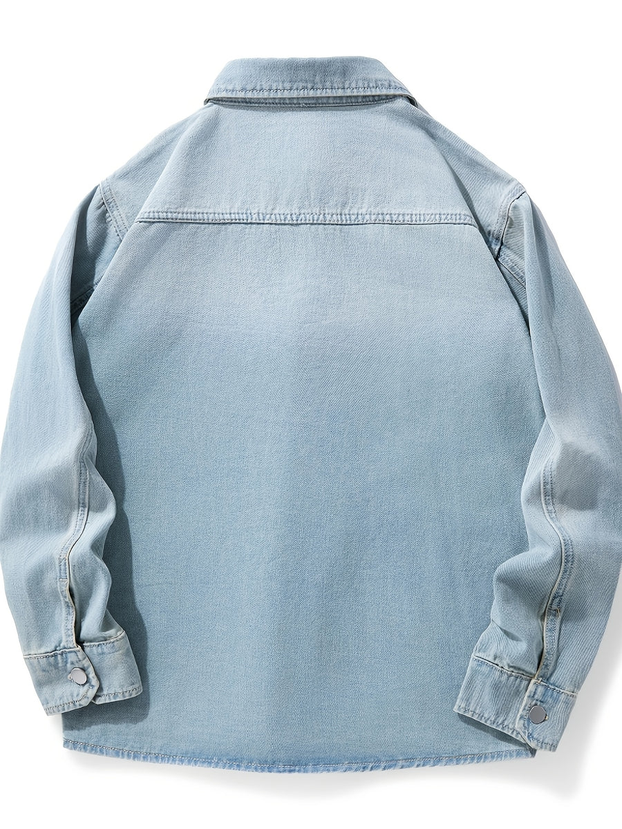 American-style Workwear Denim Shirt for Men, Long-sleeve Trendy Outerwear, Loose-fit Plus Size - Vintage Blue