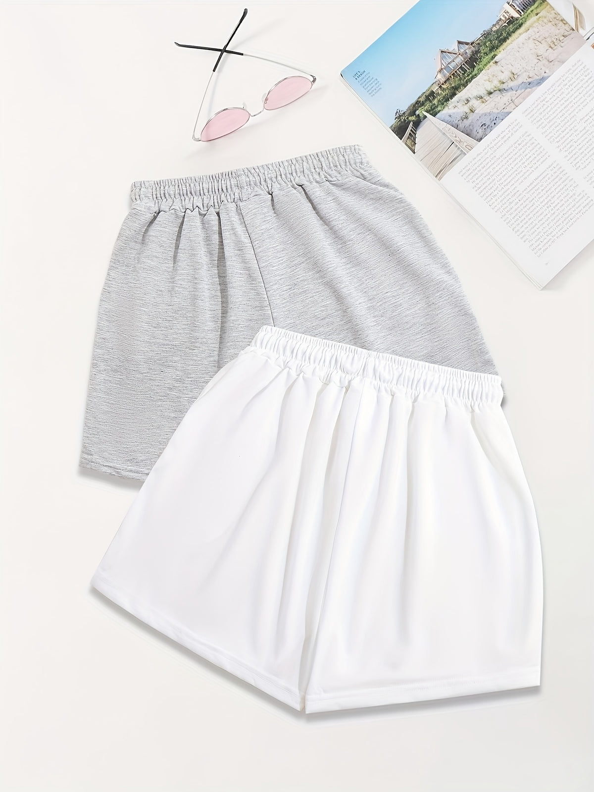 2pcs, Letter Pattern Drawstring Shorts, Casual Shorts, Women'S Clothing - Grey+White