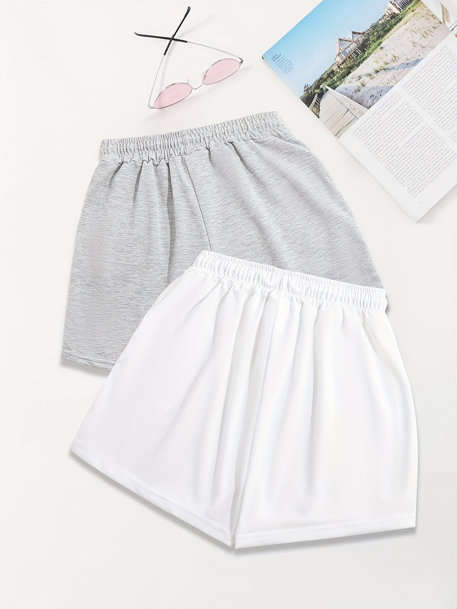 2pcs, Letter Pattern Drawstring Shorts, Casual Shorts, Women'S Clothing - Grey+White