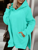 Autumn And Winter Women'S Fashion Casual Solid Color Side Slit Hooded Sweatshirt, Raglan Long-Sleeved Hoodie with Pockets, Fleece-Lined Warm I Fashion Versatile, Suitable for Daily Casual Wear - Cyan