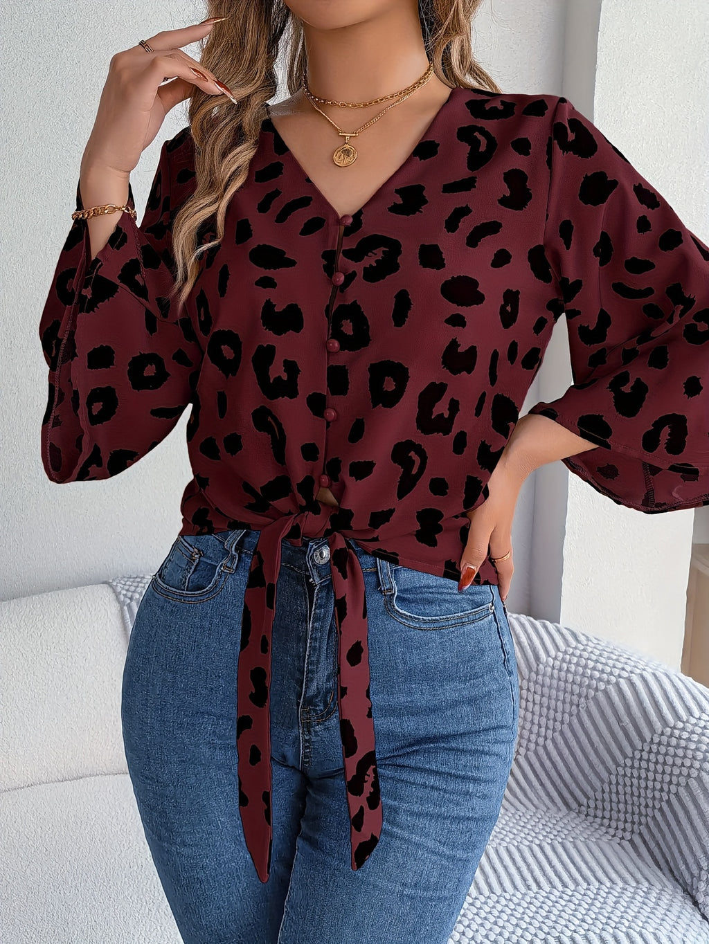 Spring and Summer Vacation Leopard Print Mid-Sleeve Tie-Bow Top - Burgundy