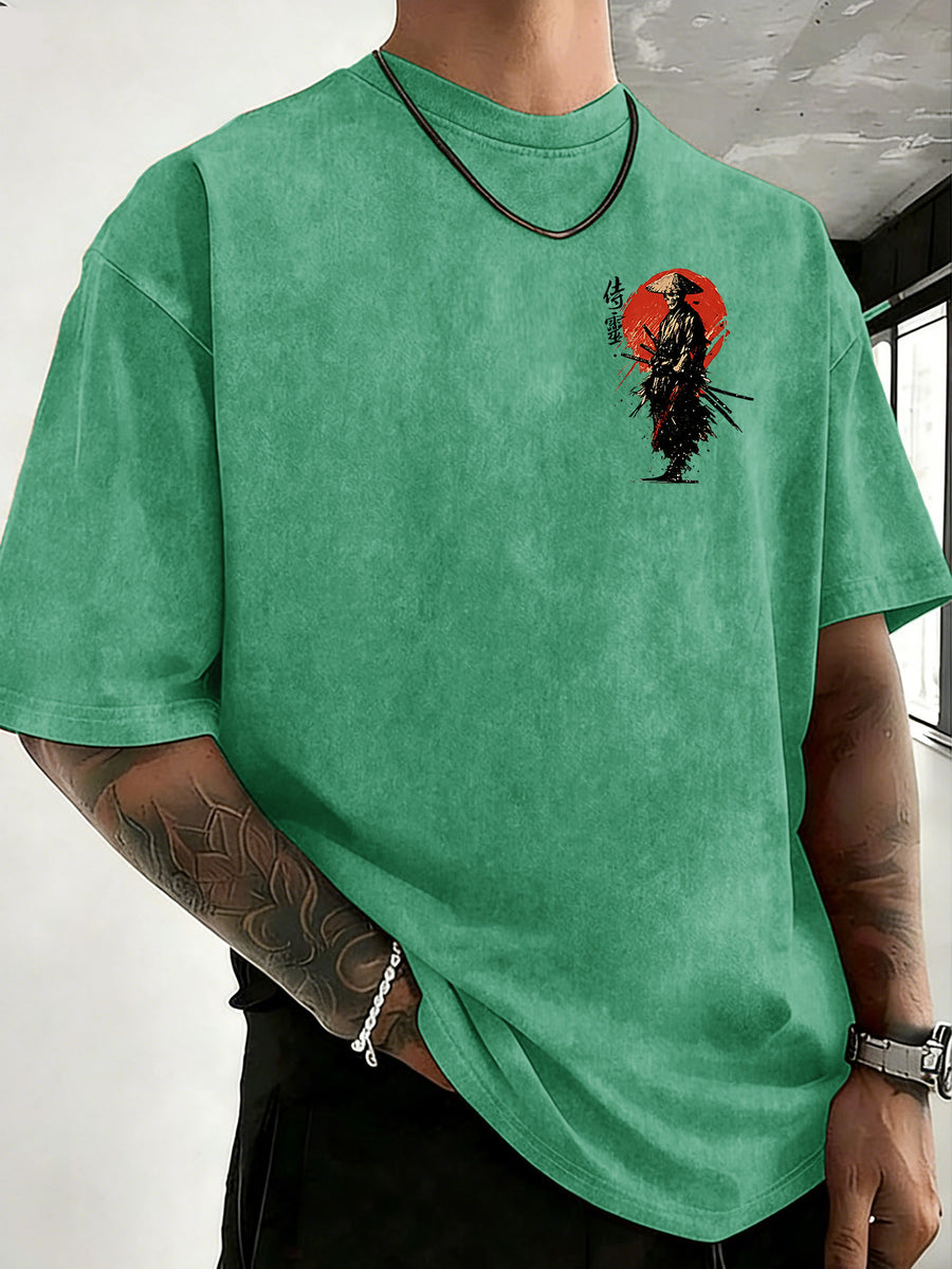 Drop-shoulder Vintage Washed T-shirt, Exclusively for the Fashion-forward Crowd. A Loose-fitting, Comfortable, High-quality Pure Cotton Short-sleeve Top, an Essential Piece for Streetwear Trends - Green