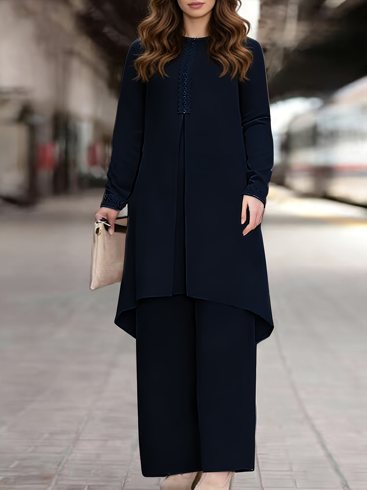 Ramadan Elegant Ladies Set Abaya Dress And Pants Solid Color Round Neck Embroidered Chest And Sleeve Applique Top Elastic Waist Long Pants Commute Casual Two-Piece Set - Navy Color