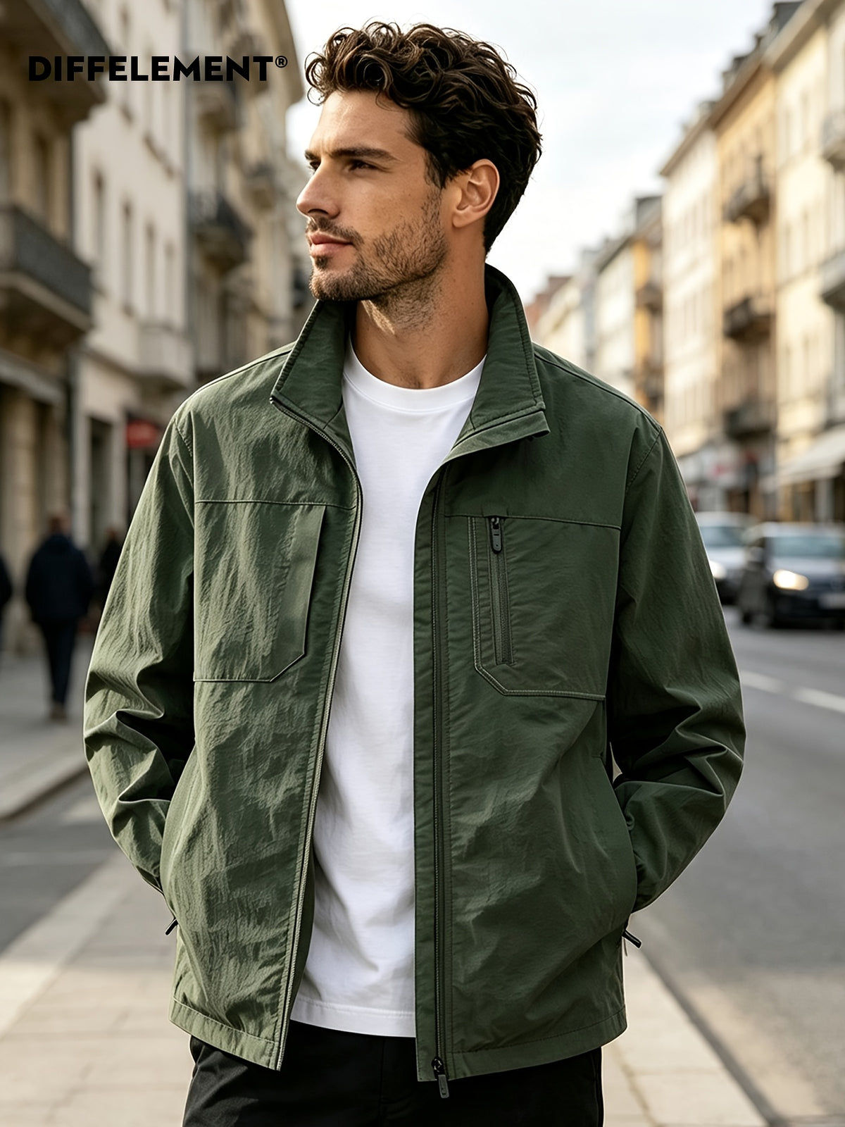 DIFFELEMENT Men'S Stand-Collar Tech Cargo Jacket, Lightweight Breathable Woven Fabric Windproof High Collar Full Zipper Front with Large Pockets And Dual Storage Design, Regular Fit for City Commute, Outdoor Hiking, Daily Layering, Casual Scenarios - fern green