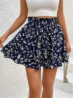 Women's Fashionable Printed Polyester- Stretch Shorts with a Faux Drawstring Design, Featuring a Casual High-waist Elastic Fit for Leisure and Vacation Wear - Multicolor