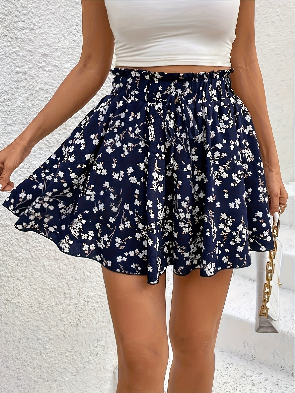 Women's Fashionable Printed Polyester- Stretch Shorts with a Faux Drawstring Design, Featuring a Casual High-waist Elastic Fit for Leisure and Vacation Wear - Multicolor