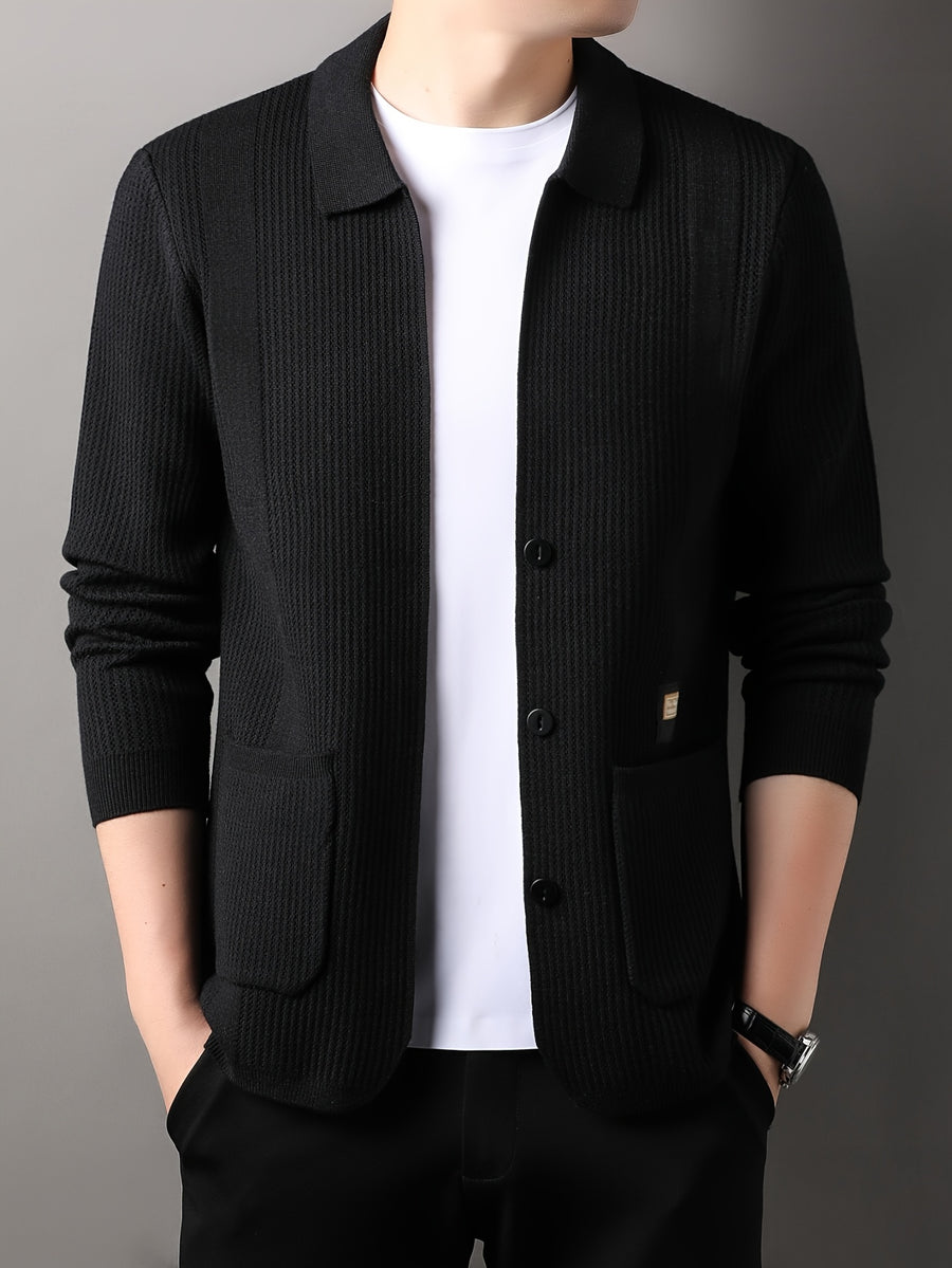 Men's Air-Layer Jacquard Cardigan -Front Lapel - Warm Winter Outerwear Suitable for Fall/Winter, Casual -Front Door Collar, Hand Washable Solid Color Blazer - Black