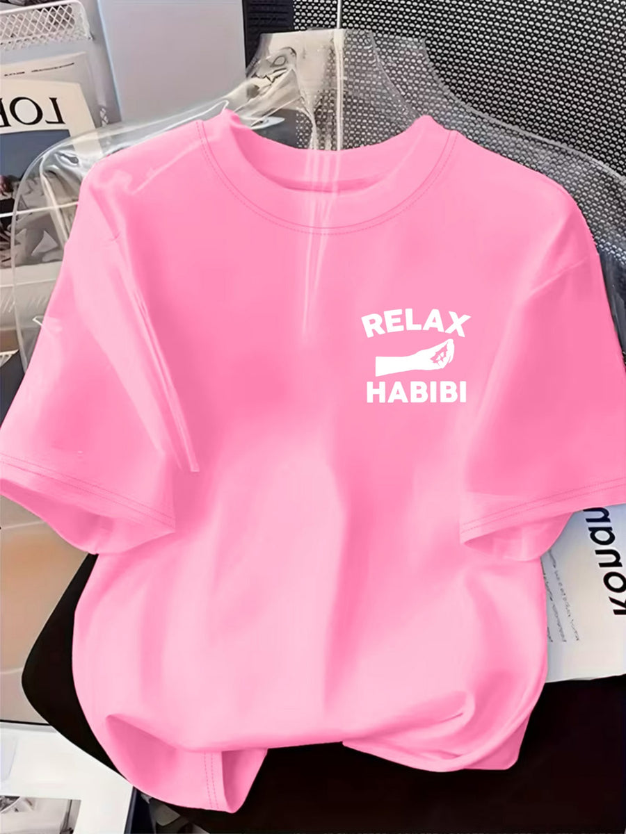 Front And Back Printed Women'S Fashion Base Print T-Shirt, Soft And Versatile, Casual Style Printed Pattern with RELAX HABIBI Lettering And Hand Gesture Design Printed Short Sleeve T-Shirt, Suitable for Casual Wear, Fashion All-Season Top - Dark Pink
