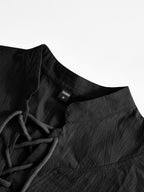 Men's Retro Linen Henley Shirt - Adjustable -Neck Collar & Drawstring Neckline, Lightweight Breathable Suitable for Beach Vacations, Resort Travel, Outdoor Leisure, Casual Pullover Top with Hem, Machine Washable Loose Fit - Black