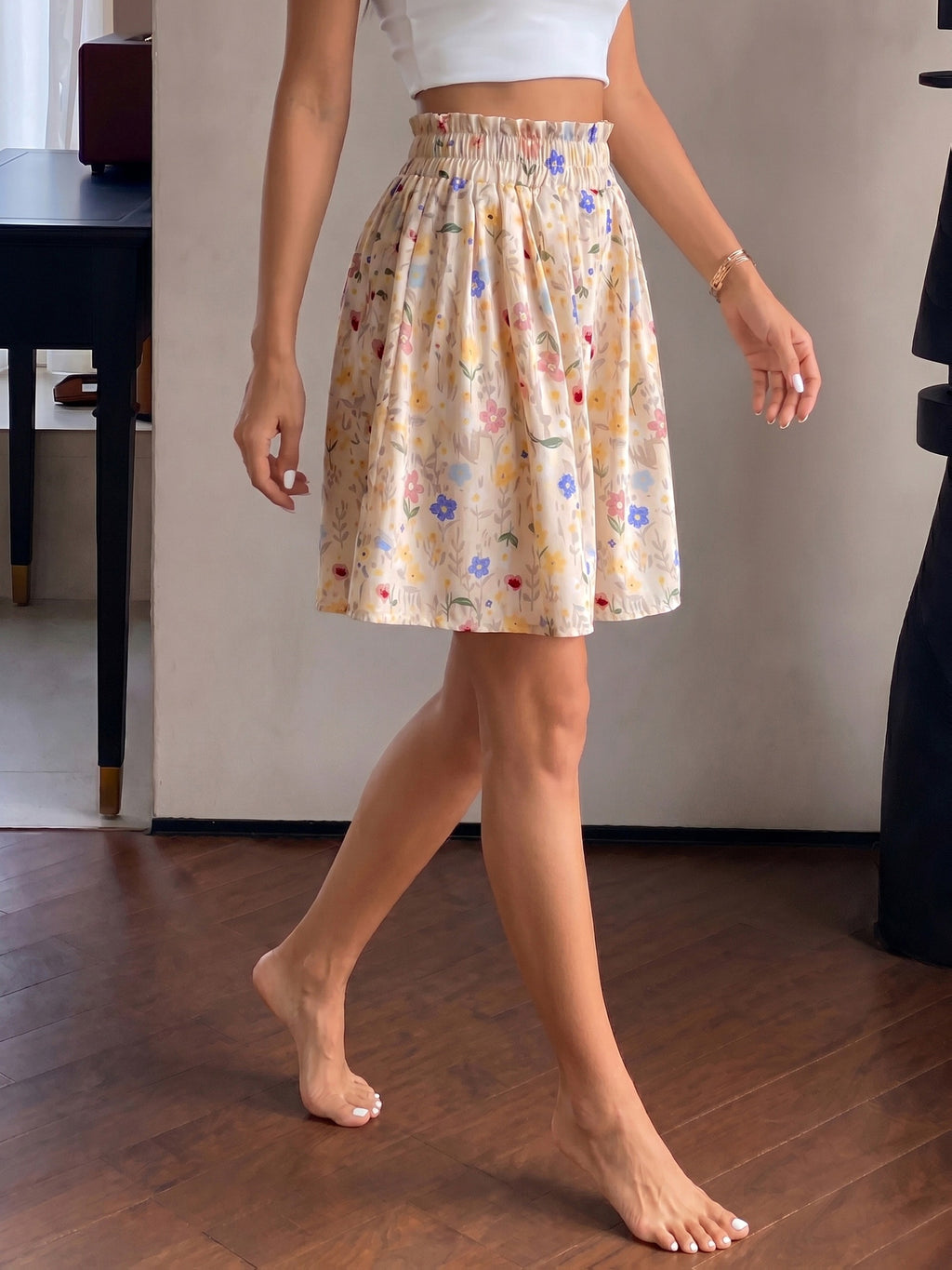 Women's High-Waist Shorts with Wildflower Print, Versatile Style, Casual Draped Loose Skort with Pleated Waistband, 2026 New Arrival, In Stock for Quick Shipping, Machine Washable - Apricot