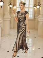 1920 Vintage Sequin Gatsby Ball Fringe Short Sleeve Dress, Party Banquet Dance Dress with Beaded Sequins, Toast Gown, In Stock - Black Pink