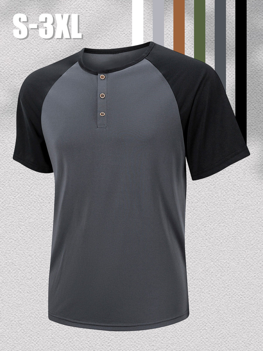 1 Men's Summer V-Neck Casual T-Shirt, Breathable and Lightweight Street Fashion Short-Sleeve Top, Daily Office Business Contrast Color Design Henley Shirt with Button- Collar, Suitable for Outings, Home, Work, Travel, Cycling, and Streetwear - Dark Gray