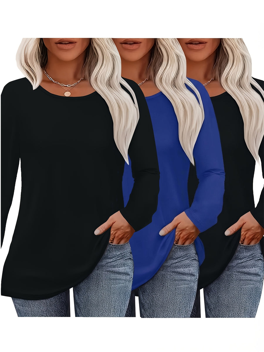 3pcs Long Sleeve Solid Color Women'S T-Shirts, Casual Holiday Outing Versatile Fall Winter Top Round Neck - 2 Black + 1 Blue