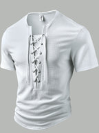 Men'S Fashion Men'S Tops Spring/Summer Outdoor Casual Textured Plaid Fabric Solid Color Round Neck Single-Breasted Lace-Up Short-Sleeved Men'S Henley Shirt - White