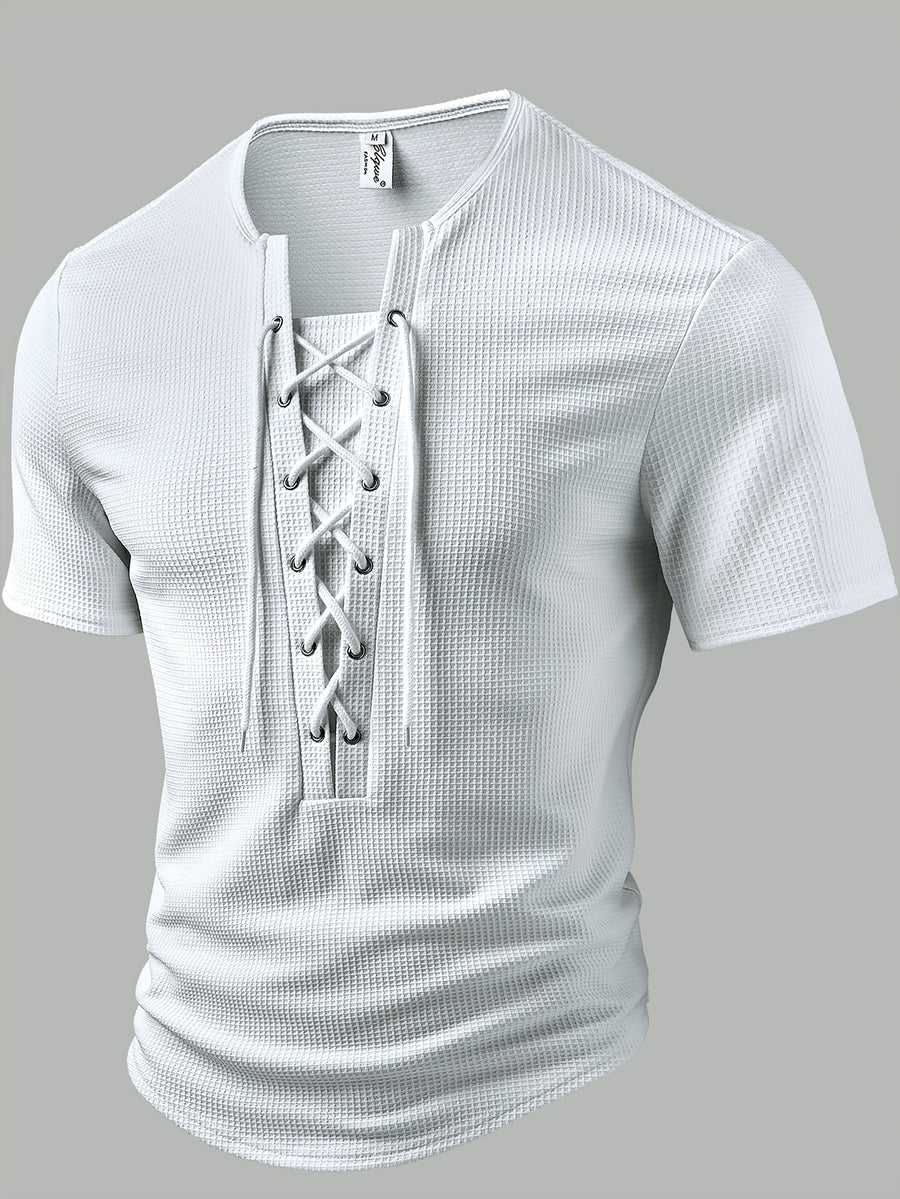 Men'S Fashion Men'S Tops Spring/Summer Outdoor Casual Textured Plaid Fabric Solid Color Round Neck Single-Breasted Lace-Up Short-Sleeved Men'S Henley Shirt - White