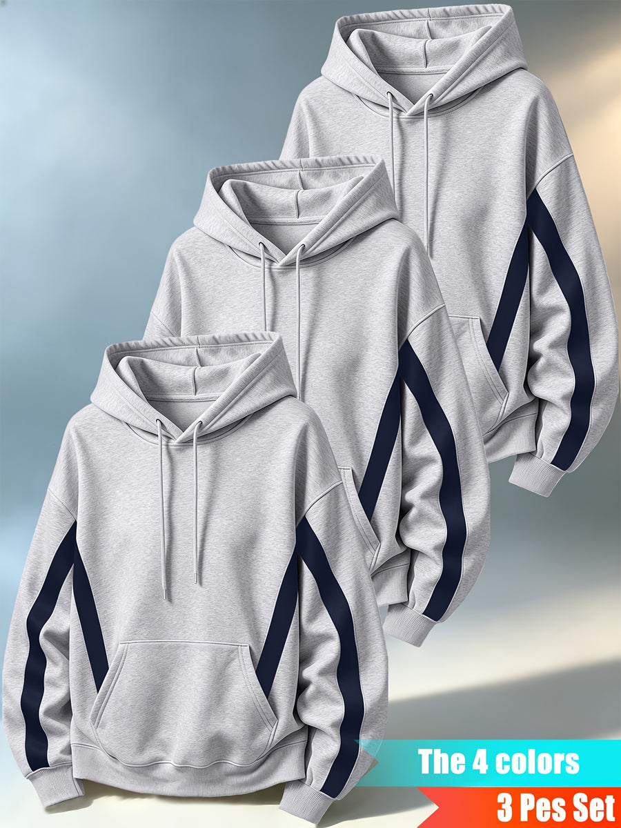 Men'S Three-Piece Casual Hooded Sweater Set, Featuring Contrast-Colored Spliced Sleeves with Drawstrings, Loose-Fitting Pullover Shirt, Long-Sleeved Sports Top for Daily Wear - Gray + Gray + Gray