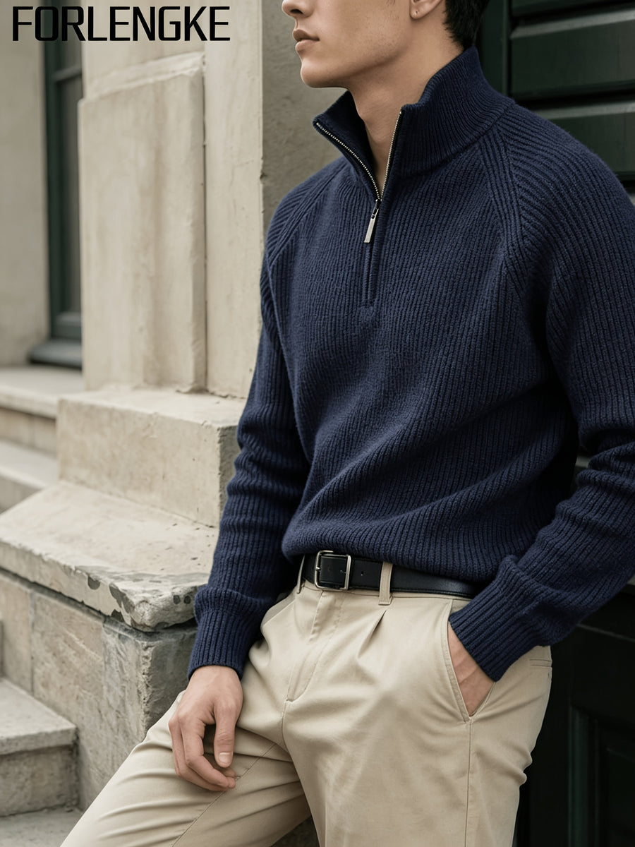 FORLENGKE Stylish Elegant Men'S Business Casual Quarter Zip Ribbed Knit Sweater, Soft Warm Long Sleeve Pullover for Fall Winter Office Daily Wear - Navy Color