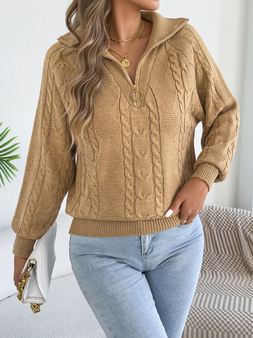 Autumn and Winter Leisure Vacation Pullover Sweater Solid Color Zipper Lapel Women's Sweater - Khaki
