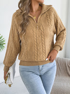 Autumn and Winter Leisure Vacation Pullover Sweater Solid Color Zipper Lapel Women's Sweater - Khaki