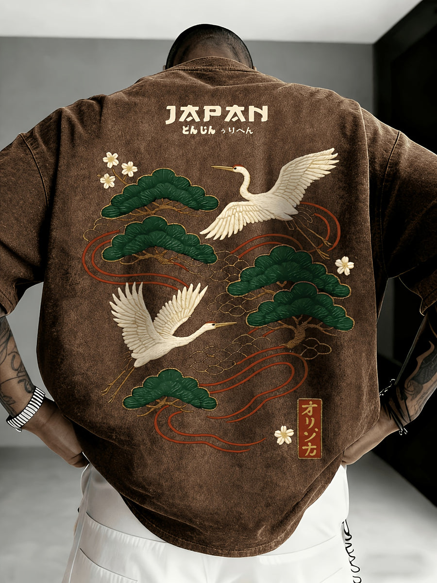Printed Design - Not Textured: Tang Yunshu American Sporty Style Trendy Men's Japanese National Chic Printed Short Sleeve Shirt, Distressed Washed Finish + Exquisite Crane and Pine Tree Pattern, Crisp Wrinkle-Resistant and Wear-Resistant Fabric - Camel